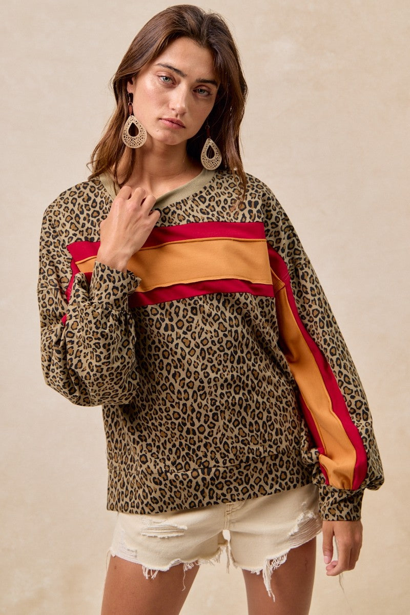Bibi Leopard French Terry Color Block Top