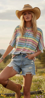 Load image into Gallery viewer, Sewn &amp; Seen ~ Mineral Washed Multi Stripe Knit Top                  (Pink or Yellow)

