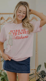 Load image into Gallery viewer, LivyLu ~ Take Me To Sweet Oklahoma Pink Thrifted Graphic Tee
