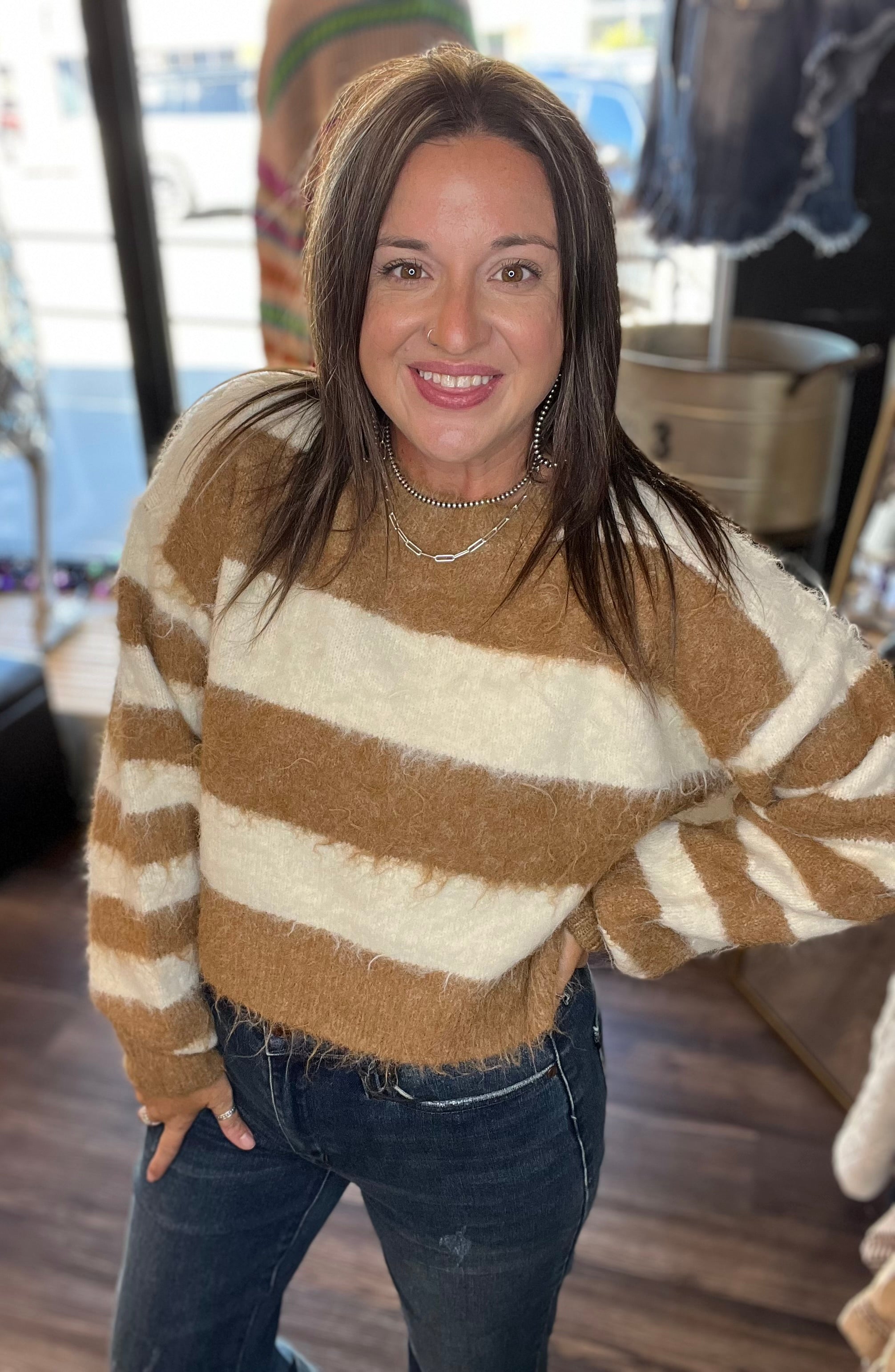 Hyfve Brown/Cream Chunky Stripe Crop Sweater