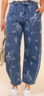 Load image into Gallery viewer, Blue B. ~ Western Print Barrel Leg
Denim Jean
