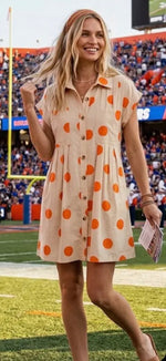 Load image into Gallery viewer, Sewn &amp; Seen ~ Orange &amp; Cream Polka Dot Button Down Pleated Poplin Mini Dress
