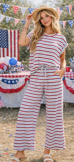 Load image into Gallery viewer, Sewn &amp; Seen ~ Red, White &amp; Blue Americana Ribbed Striped Lounge Set
