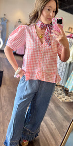 Load image into Gallery viewer, Pink Gingham Button Down With Ruffle Detail
