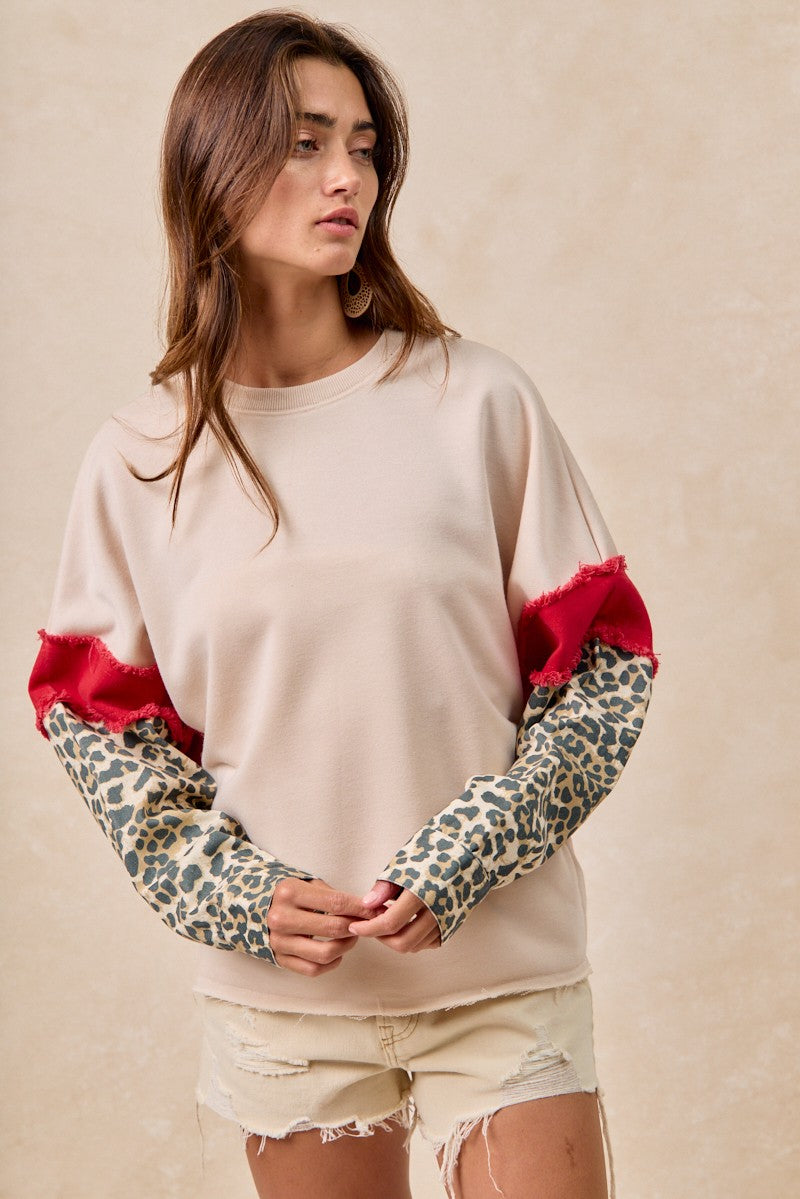 Bibi French Terry With Leopard Sleeves Top