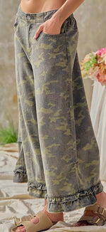 Load image into Gallery viewer, BIBI ~ Camouflage Denim Ruffled Hem Mid Rise Bloomer Pants (Loose Fit)
