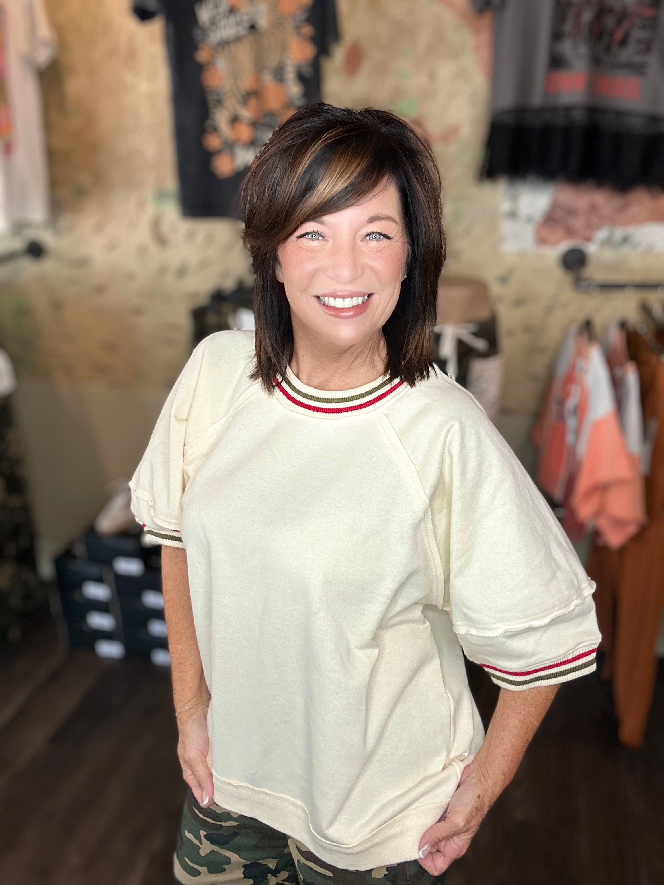 Ecru Top with olive/red stripe detail
