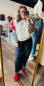 Bibi French Terry With Leopard Sleeves Top