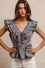 Washed Floral Pleated Denim Top