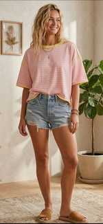 Load image into Gallery viewer, Sewn and Seen ~ Pink &amp; Yellow
Striped Relaxed Fit Knit Tee
