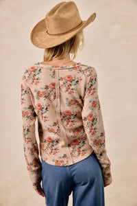 Bibi Floral Print Washed Waffle Thermal W/Thumb Detail