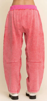 Load image into Gallery viewer, DAVI &amp; DANI ~ Mineral Washed French Terry Contrast Waist Barrel Pants                                           Red/Hot Pink
