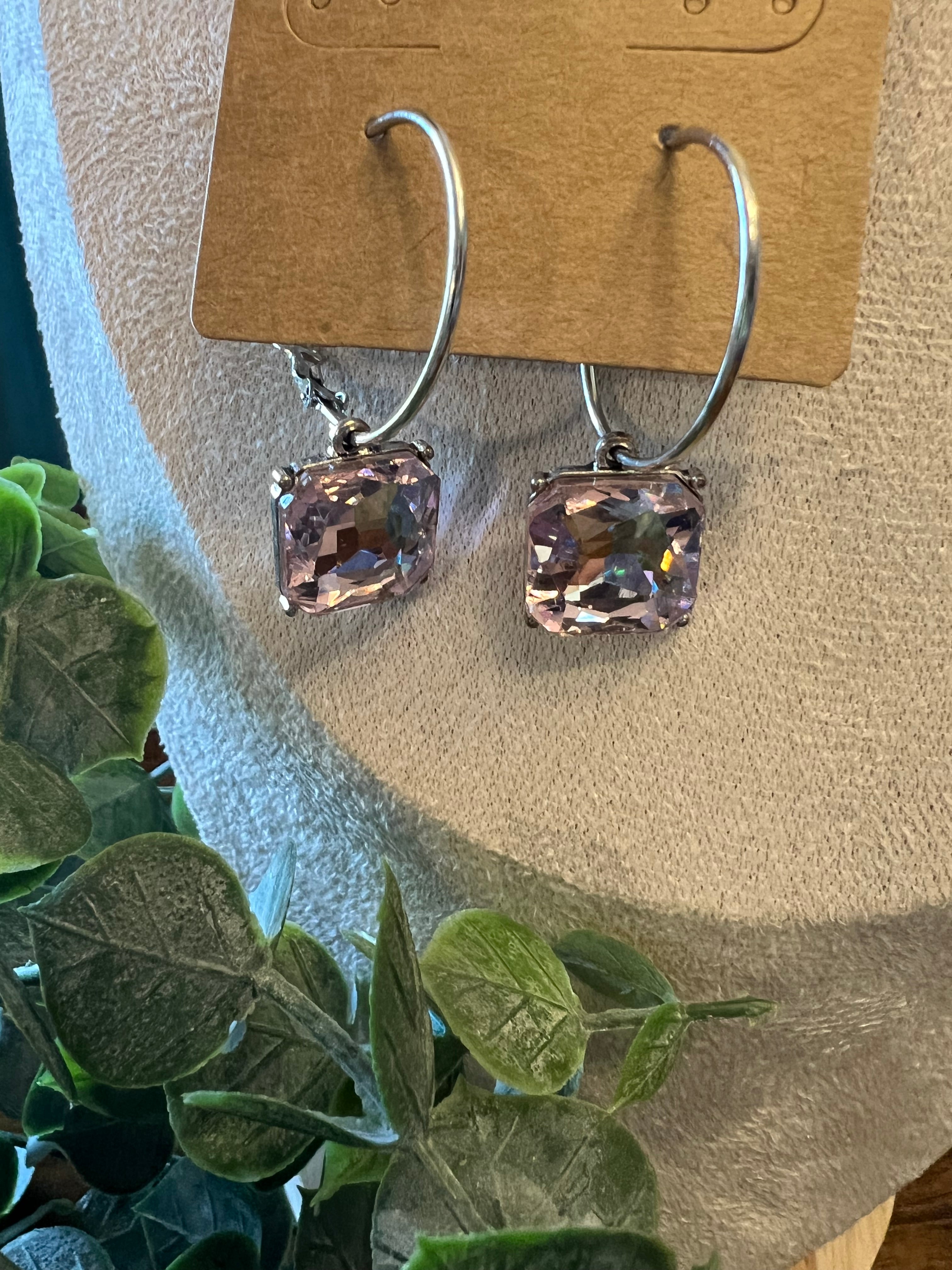 Silver Hoop Geo Shape Crystal Earrings