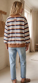 Load image into Gallery viewer, Sewn and Seen ~ Oversized French Terry Striped Sweatshirt. Camel/ Navy/ Cream
