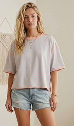 Load image into Gallery viewer, Sewn and Seen ~ Dusty Blue &amp; Apricot Striped Relaxed Fit Knit Tee
