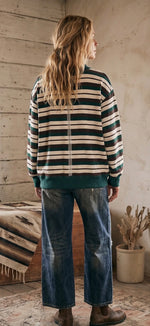 Load image into Gallery viewer, Sewn &amp; Seen ~ Oversized French Terry Striped Sweatshirt          Hunter/Brown/Cream
