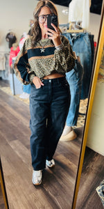 Bibi Leopard French Terry Color Block Top