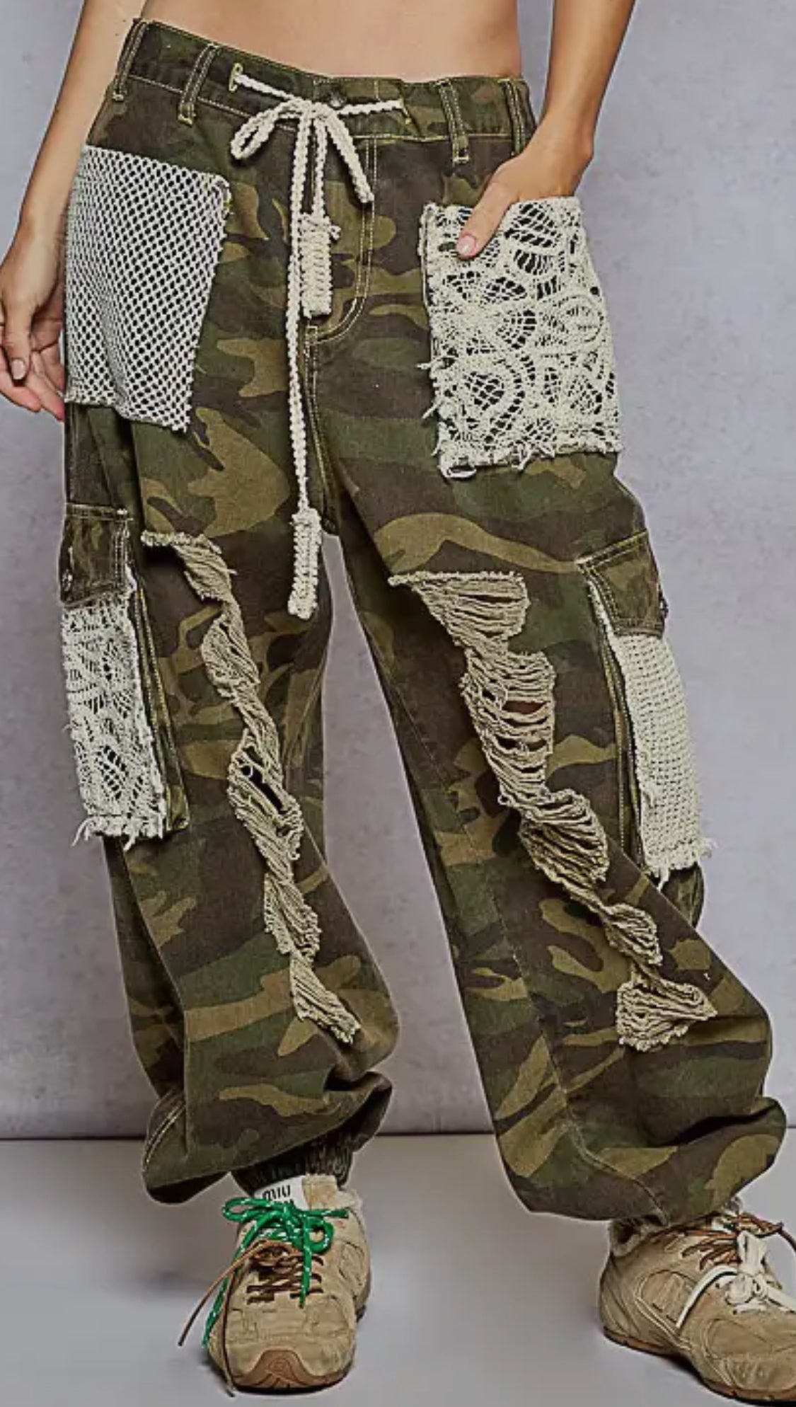 POL ~ Vintage Wash Crochet Patches Distress Jogger Pants