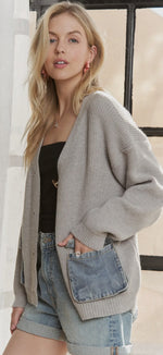 Load image into Gallery viewer, ADORA LA STRIPED ACCENTS DENIM POCKETS OVERSIZED
KNIT CARDIGAN
