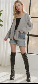 Load image into Gallery viewer, ADORA LA STRIPED ACCENTS DENIM POCKETS OVERSIZED
KNIT CARDIGAN
