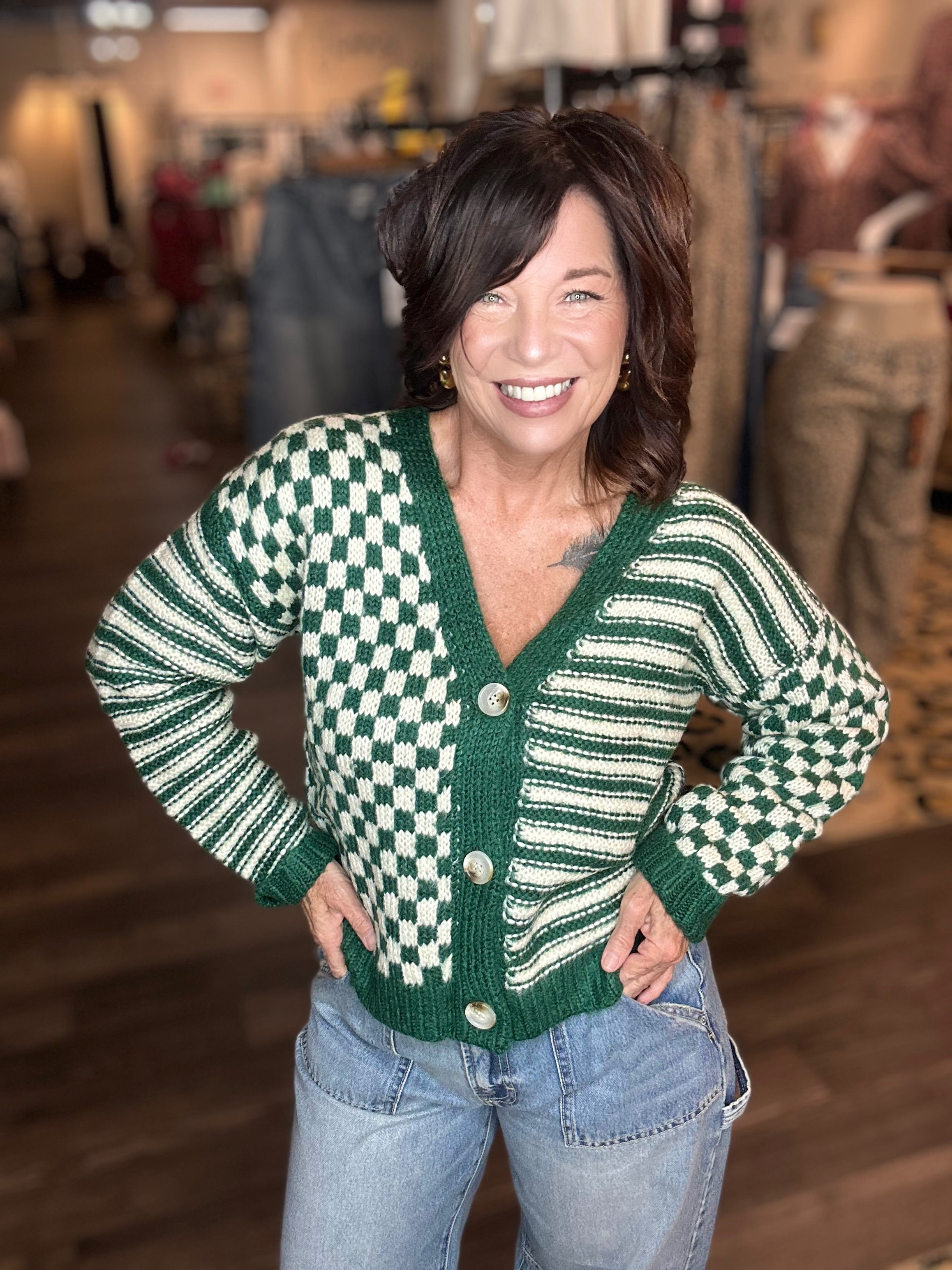Hyfve Checkered Green/Cream Cardigan