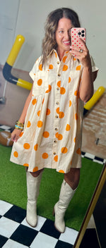 Load image into Gallery viewer, Sewn &amp; Seen ~ Orange &amp; Cream Polka Dot Button Down Pleated Poplin Mini Dress
