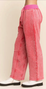 Load image into Gallery viewer, DAVI &amp; DANI ~ Mineral Washed French Terry Contrast Waist Barrel Pants                                           Red/Hot Pink
