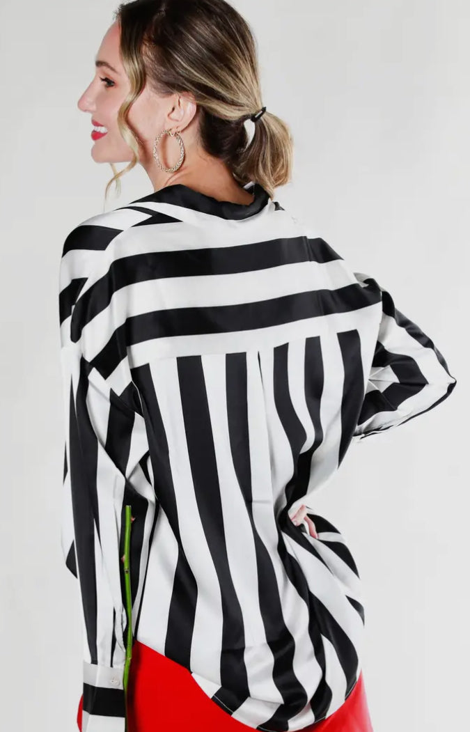 Vine & Love Collared Striped Printed Satin Shirt