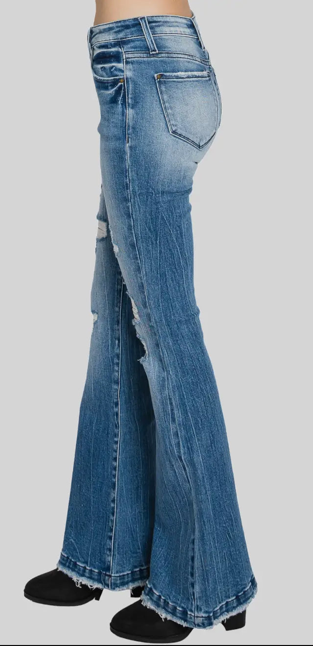 PETRA 153 ~ Petite Distressed Mid
Rise Stretch Flare Jean