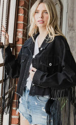 Load image into Gallery viewer, Faux Leather Fringe Cropped
Denim Jacket
