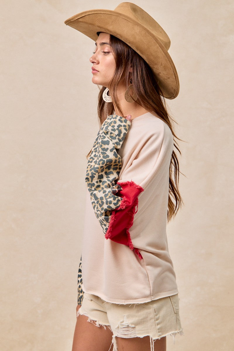 Bibi French Terry With Leopard Sleeves Top