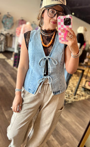 Little Daisy Lt Wash Denim Bow Tie Vest