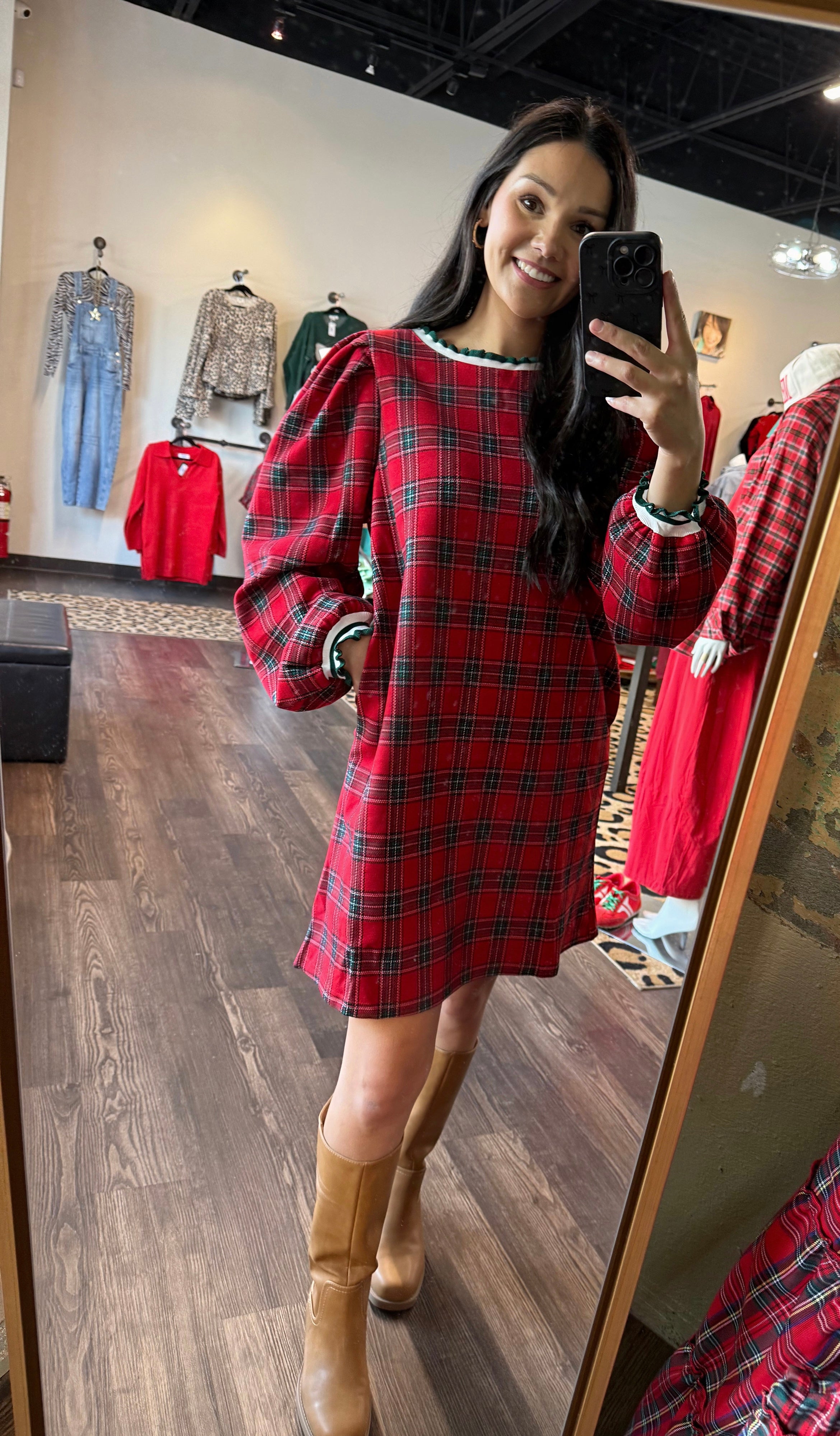 Christmas Plaid Dress with Varsity Stripe Detail