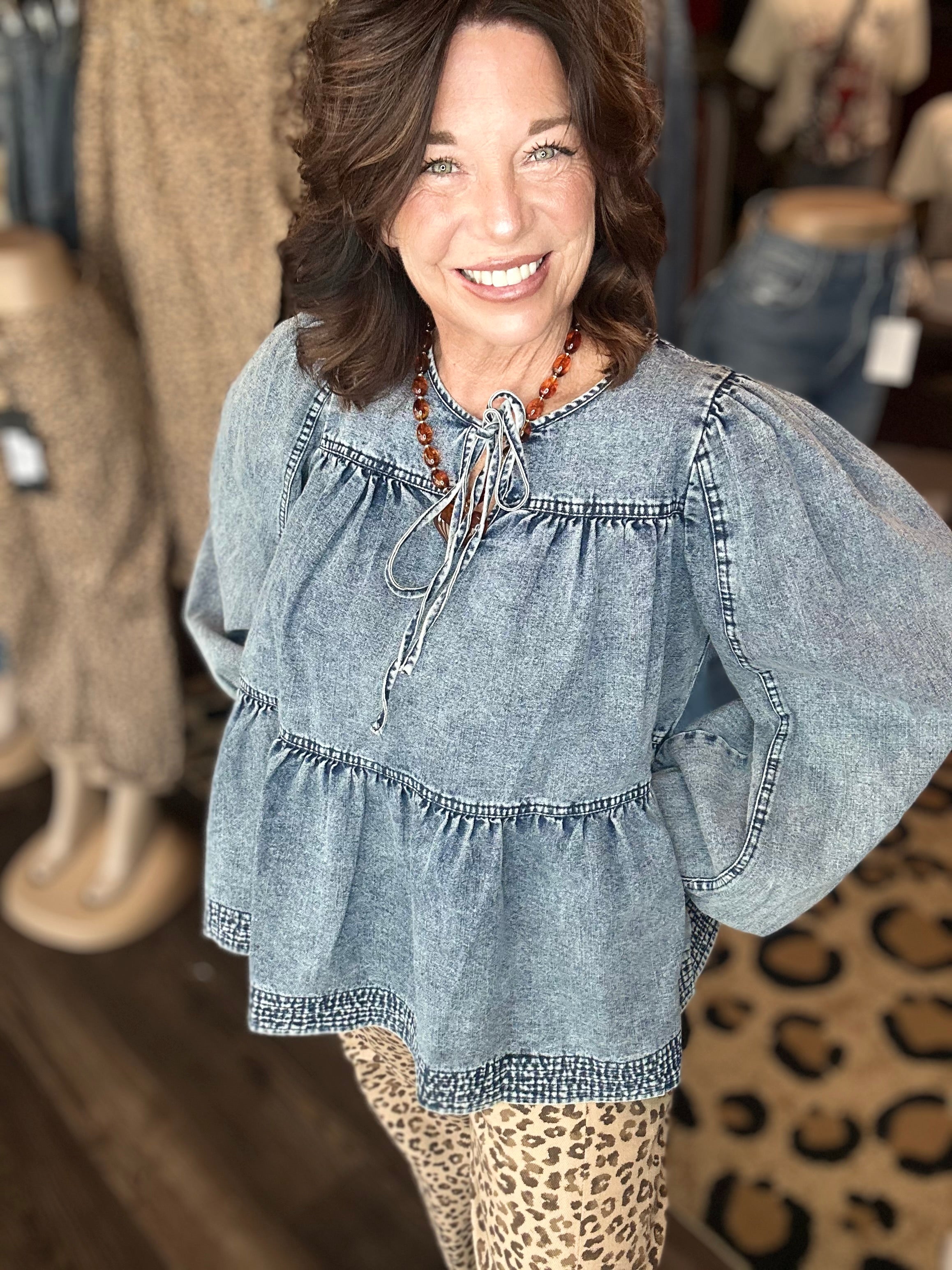Denim Baby Doll W/Balloon Sleeve Top