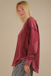 Mineral Washed Elbow Patch Contrast Knit Top