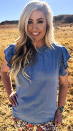 Load image into Gallery viewer, STERLING KREEK ~ BABYDOLL TOP DENIM - LIGHT WASH
