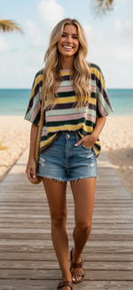 Load image into Gallery viewer, Sewn &amp; Seen ~ Mineral Washed Multi Stripe Knit Top                  (Pink or Yellow)
