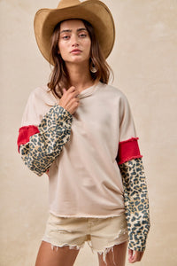 Bibi French Terry With Leopard Sleeves Top