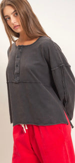 Load image into Gallery viewer, Double Zero ~ Oversized Henley Top with Raw Edges              Colors: Dark Cherry or Charcoal Black
