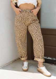 Risen Taupe Leopard Barrel Denim