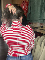 Load image into Gallery viewer, Red and White Striped Mock Neck W/ detail Seams
