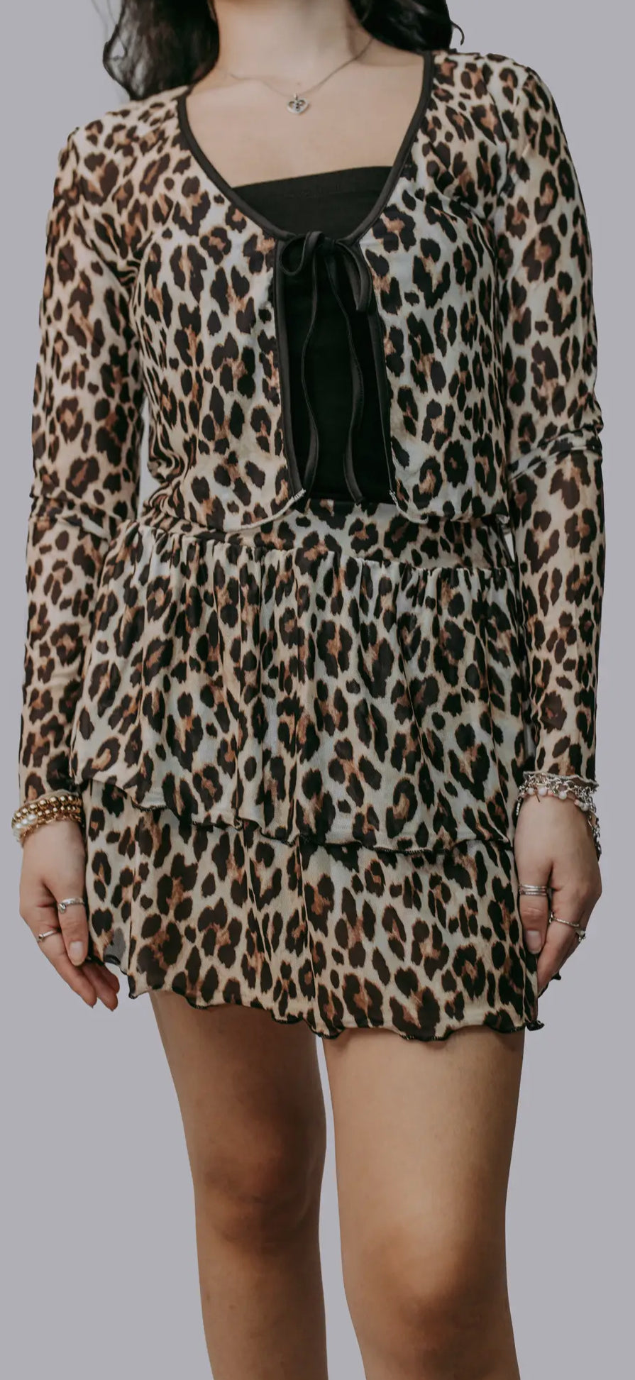 Merigold Kiss Leopard Front Tie Mesh Blouse