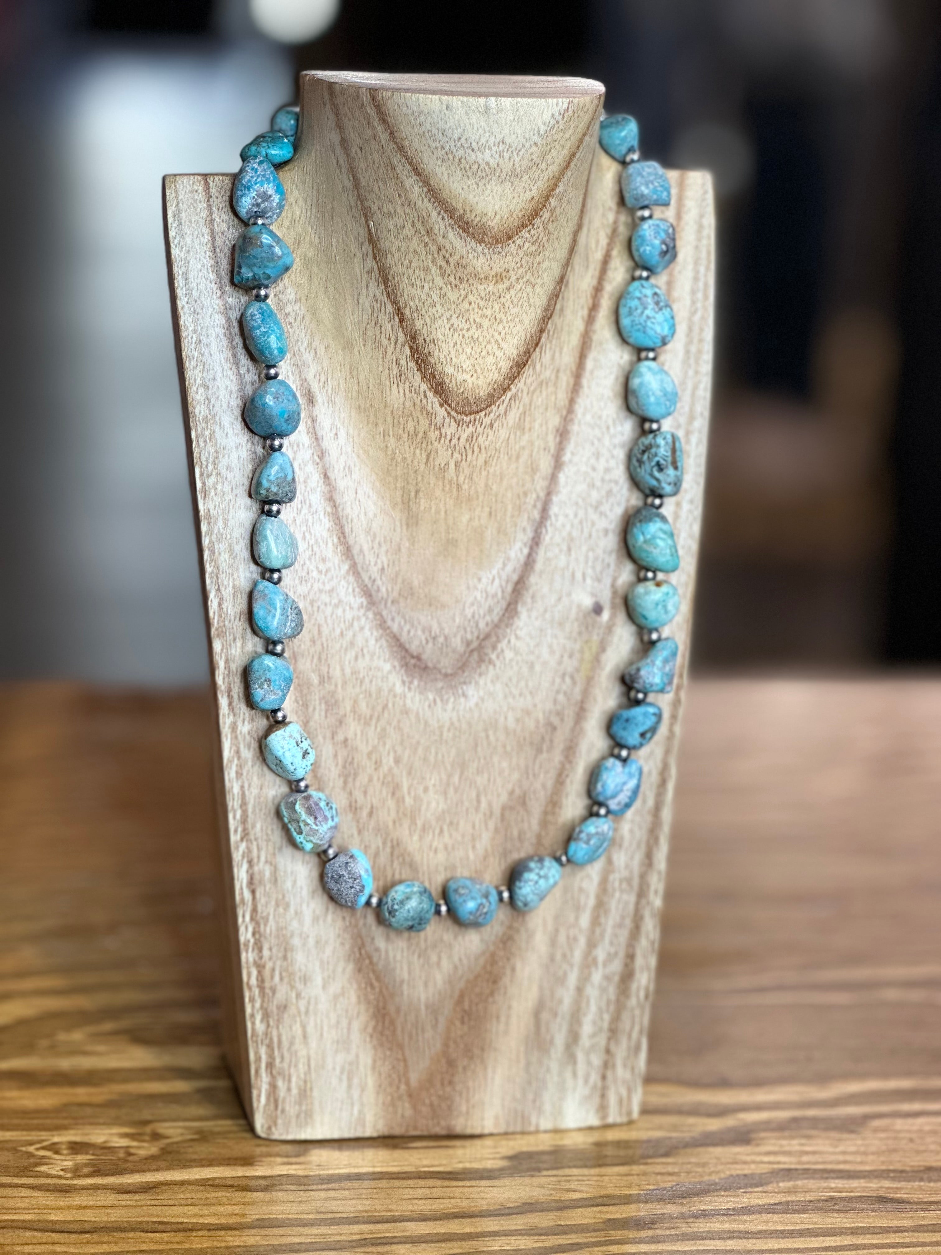 19-Inch Turquoise Nugget Necklace with 4mm Sterling Silver Pearls