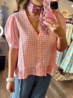 Load image into Gallery viewer, Pink Gingham Button Down With Ruffle Detail
