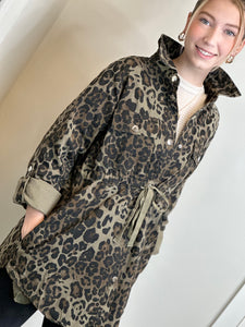 Olive Leopard Print Button Up Jacket