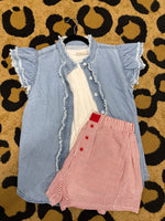 Load image into Gallery viewer, Casual Button Ruffled Trim
Frayed Denim Top

