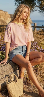 Load image into Gallery viewer, Sewn and Seen ~ Pink &amp; Yellow
Striped Relaxed Fit Knit Tee
