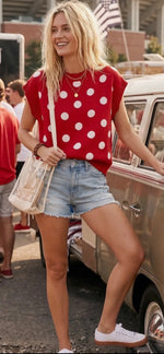 Load image into Gallery viewer, Sewn and Seen ~ Game-day Polka Dot Sleeveless Knit Top
