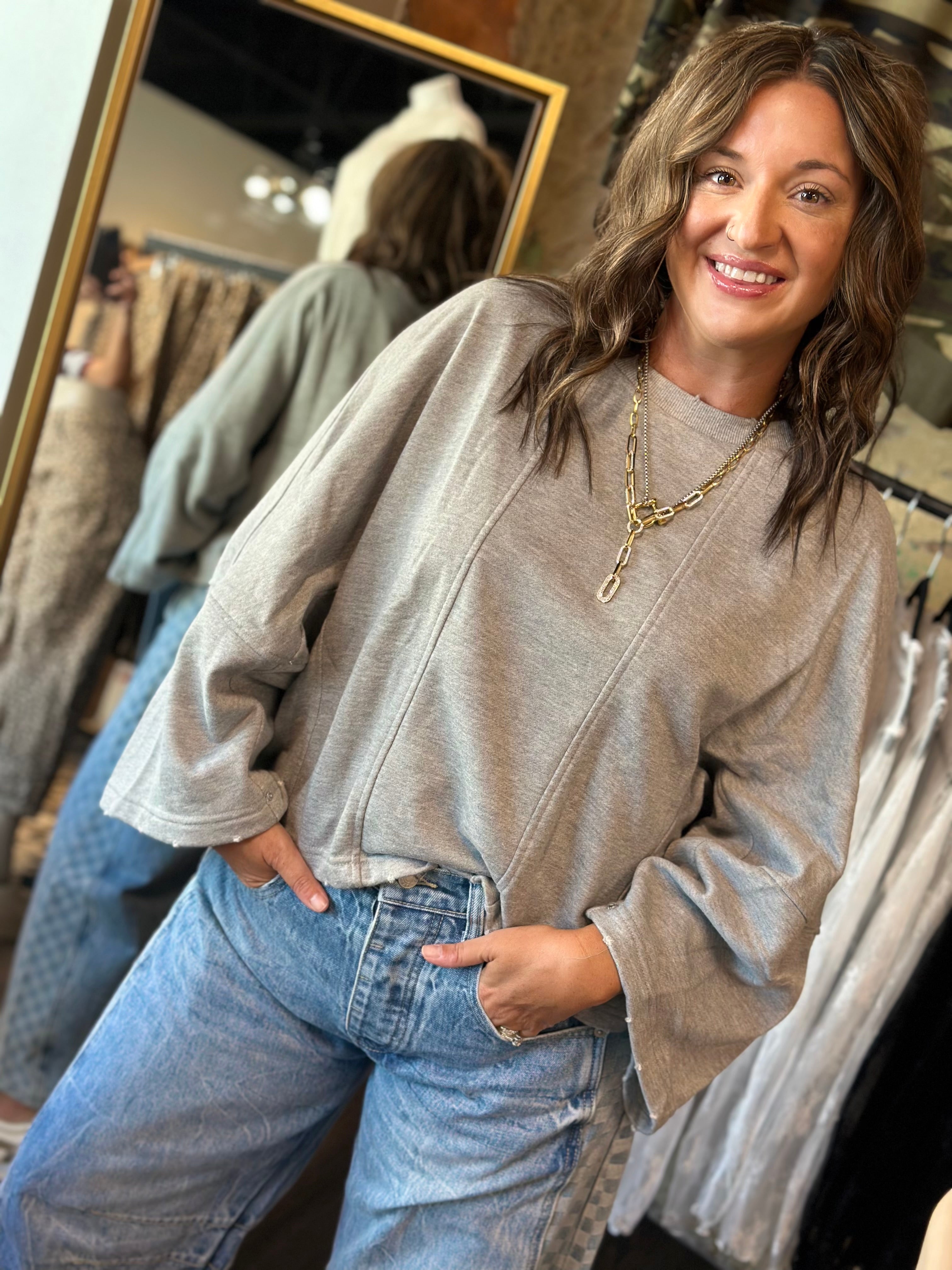 Oversized Bell-Sleeve Distressed Sweatshirt