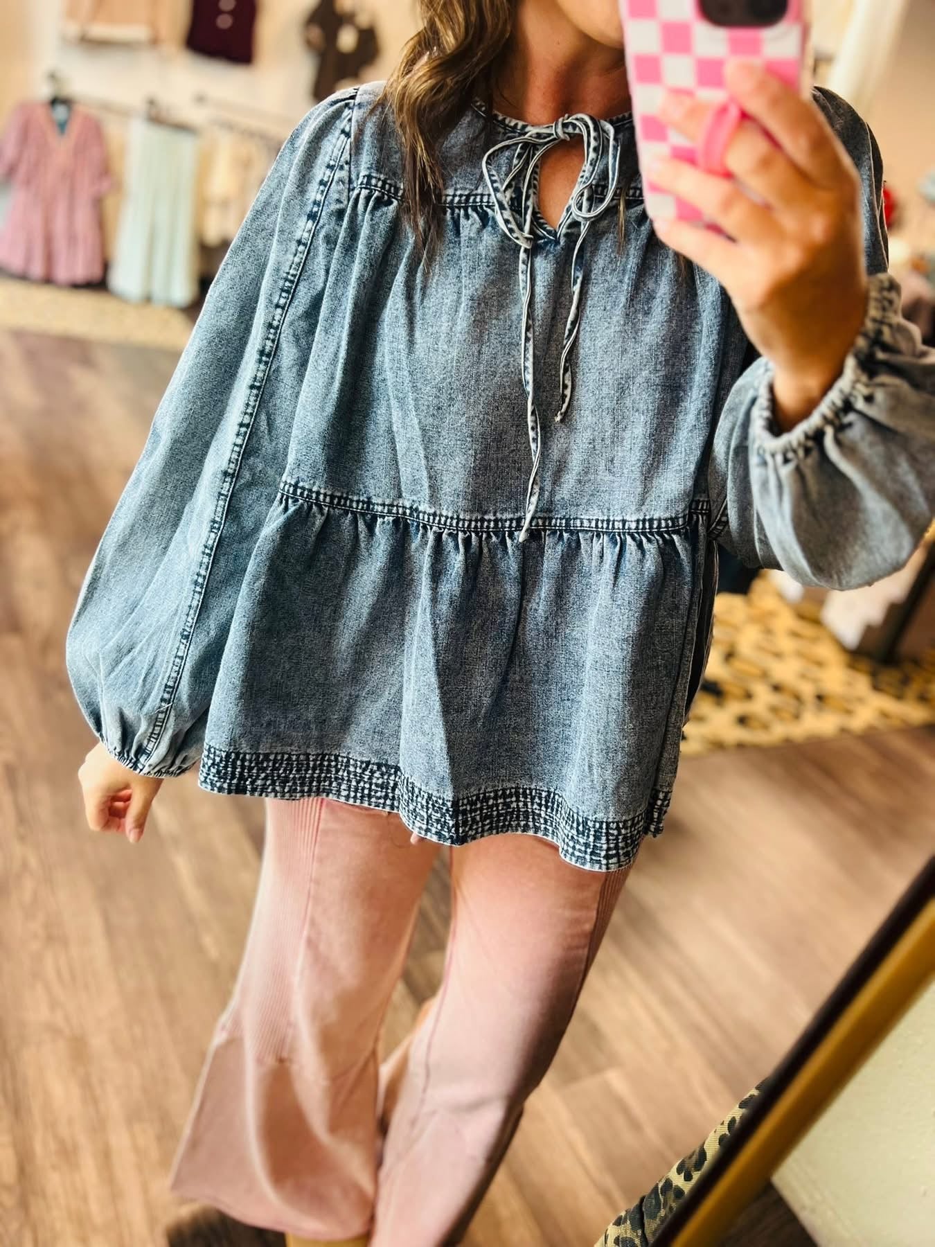 Denim Baby Doll W/Balloon Sleeve Top